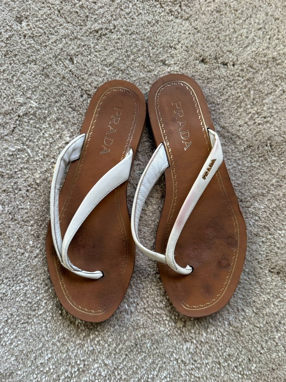 Prada White Leather Thong Sandals with Brown Footbed